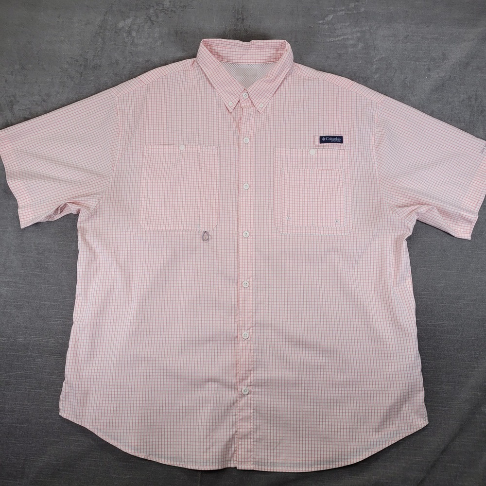 Columbia PFG Mens 2XL Short Sleeve Button Down Fishing Shirt Pink Plaid